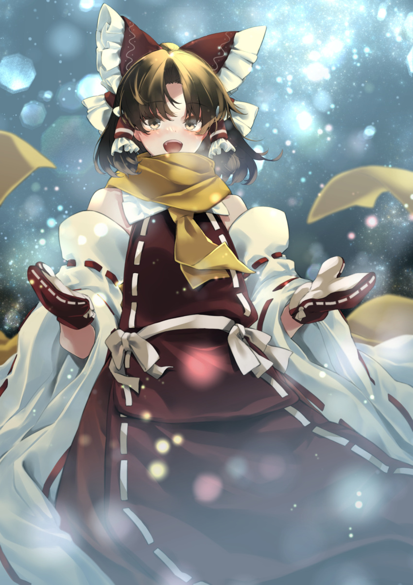 1girl bangs bare_shoulders belt black_eyes blush bow brown_hair detached_sleeves dress eyebrows_visible_through_hair eyes_visible_through_hair fang frills gloves grey_sky hair_between_eyes hair_ornament hair_tubes hakurei_reimu hands_up highres long_sleeves looking_up meji_aniki mittens open_mouth red_bow red_dress red_gloves scarf short_hair sky smile snow snowing solo standing teeth tongue touhou white_belt white_bow wide_sleeves winter yellow_eyes yellow_scarf