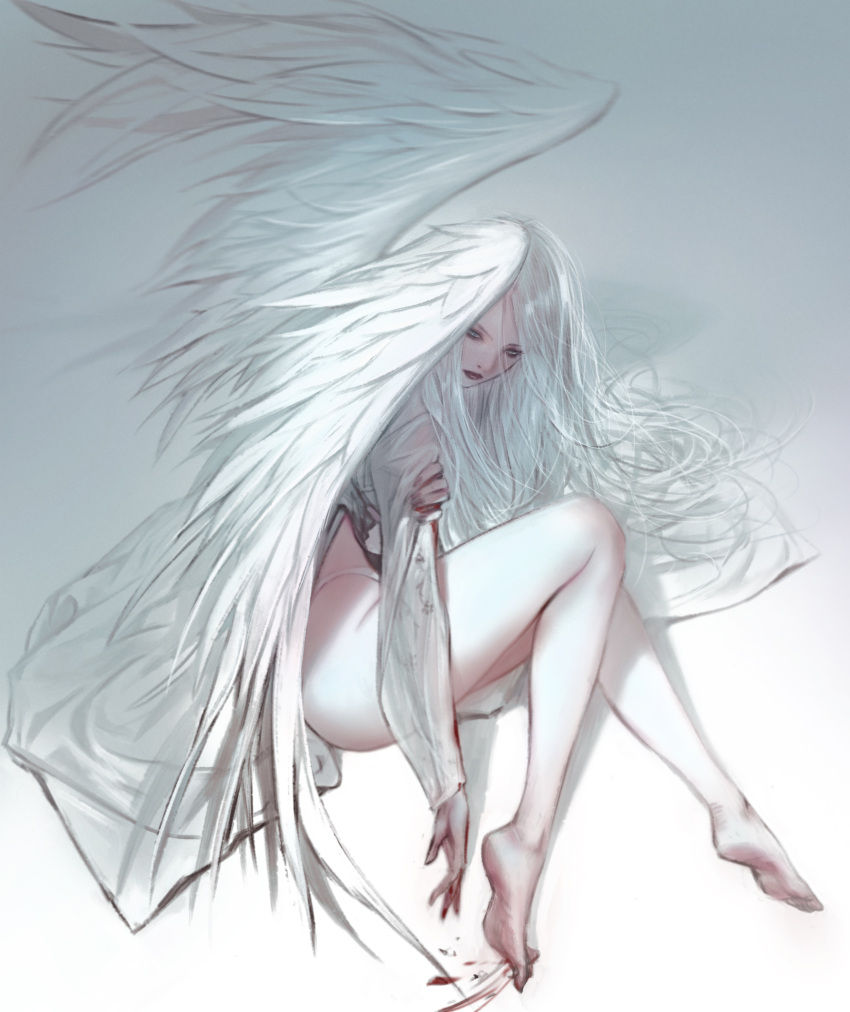 1girl absurdres angel_wings barefoot blood blood_on_feet feathered_wings highres holding_own_arm jung_myung_lee korean_commentary light_blue_eyes long_hair messy_hair no_pants original panties shadow sitting solo underwear white_hair wings