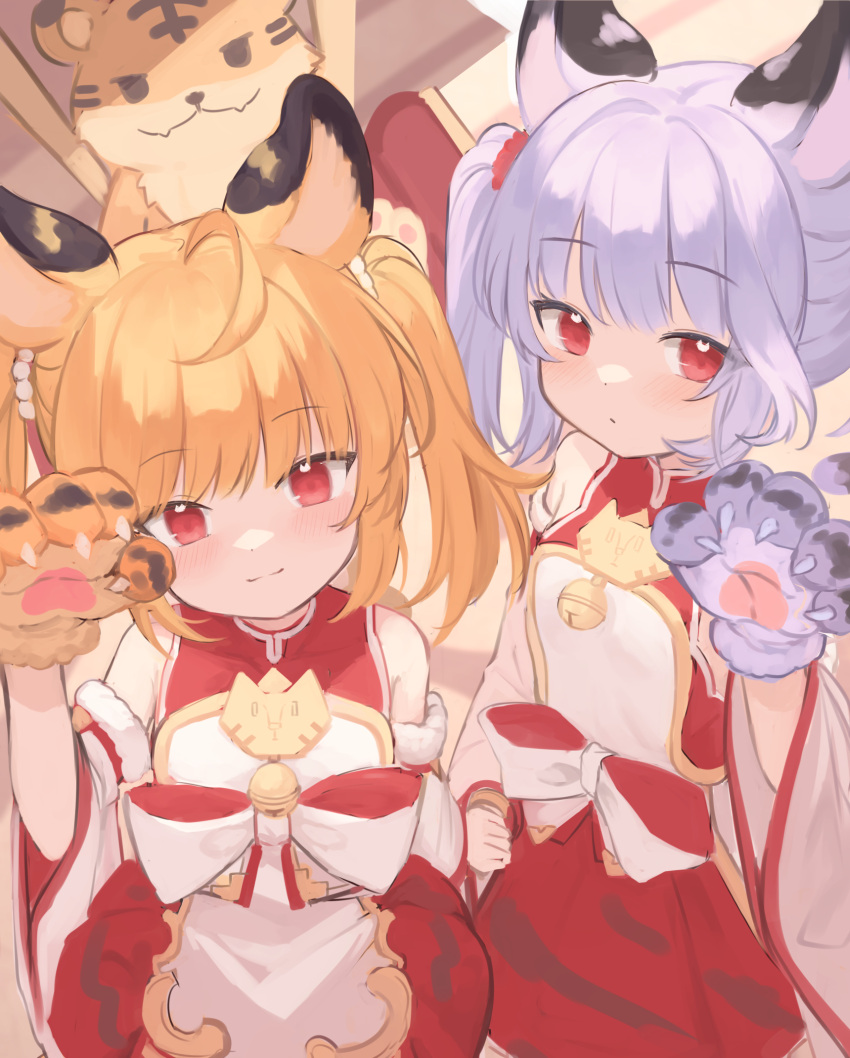 2girls animal_ears animal_hands bai_(granblue_fantasy) bare_shoulders bell blonde_hair cidala_(granblue_fantasy) claws commentary dot_mouth eyebrows_visible_through_hair gloves granblue_fantasy hand_up highres huang_(granblue_fantasy) jingle_bell klaius laolao_(granblue_fantasy) looking_at_viewer medium_hair multiple_girls paw_gloves paw_pose purple_hair red_eyes smile twintails wide_sleeves