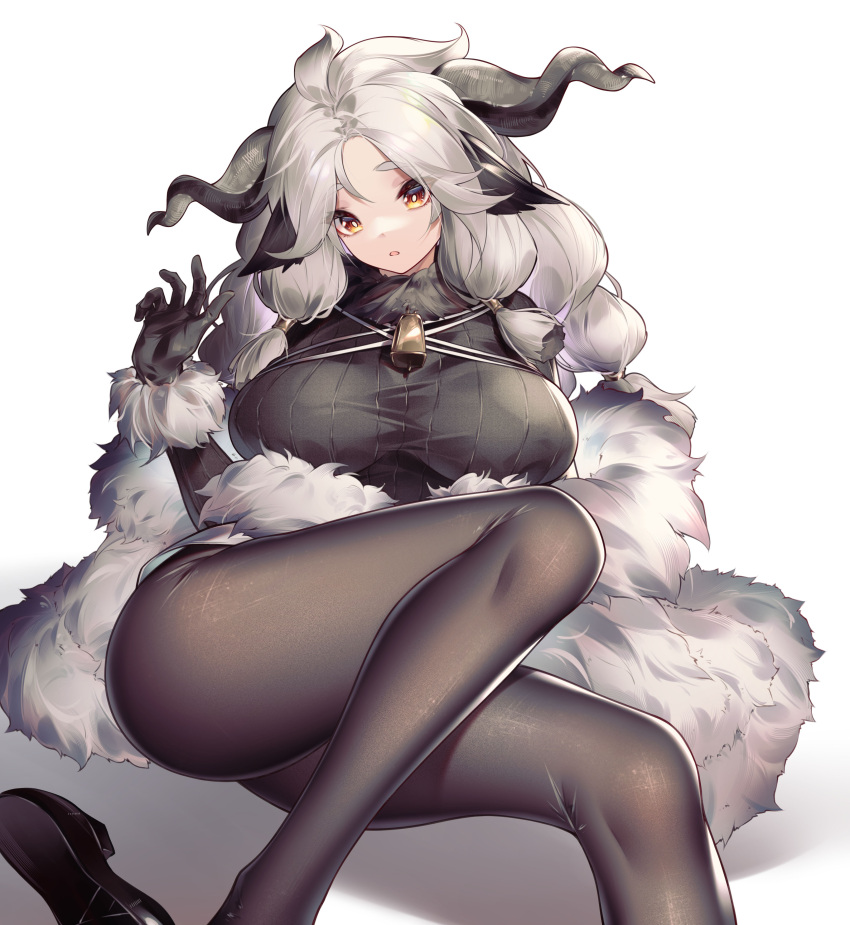 1girl absurdres ahoge animal_ears arknights bangs bell black_footwear black_gloves black_legwear black_sweater breasts bright_pupils character_request eyebrows_visible_through_hair feet_out_of_frame fur-trimmed_sleeves fur_collar fur_shawl fur_trim gloves highres horns jiusan_naitan large_breasts legs long_hair long_sleeves looking_at_viewer lying neck_bell on_back pantyhose parted_bangs parted_lips red_eyes shoes shoes_removed sidelocks silver_hair simple_background sweater white_background