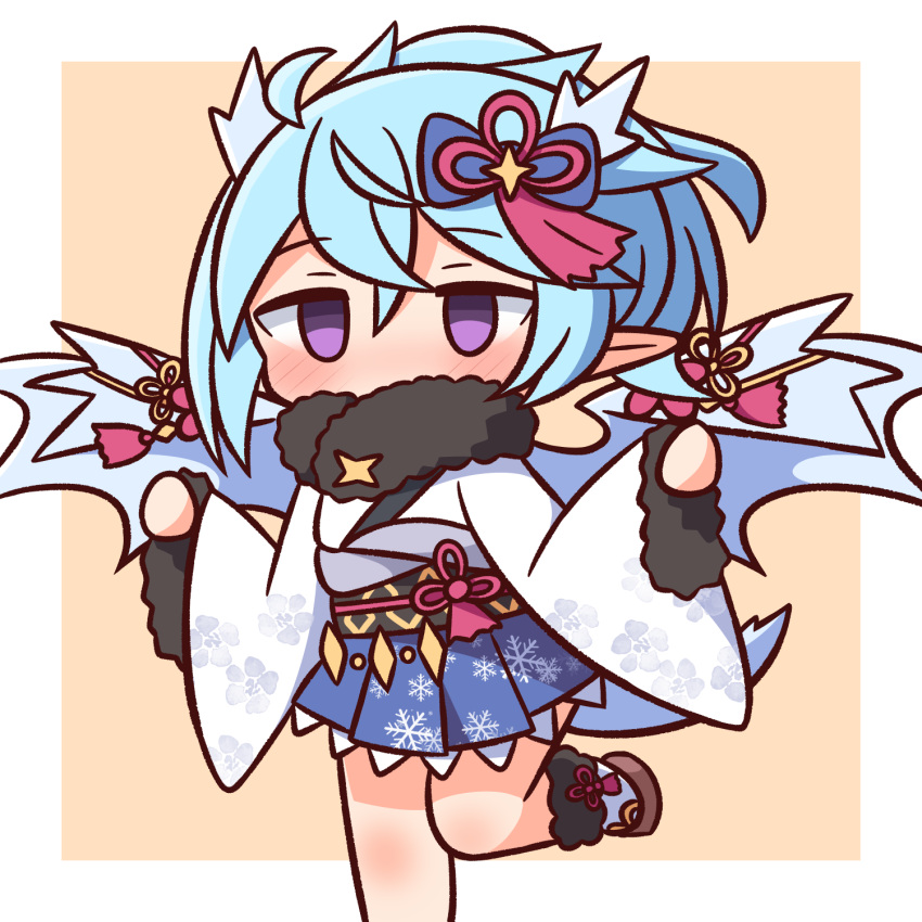 1girl bangs blue_bow blue_hair blue_skirt blue_wings blush bow brown_background chibi covered_mouth empty_eyes eyebrows_visible_through_hair feet_out_of_frame fur-trimmed_sleeves fur_collar fur_trim hair_between_eyes hair_bow hana_kazari highres japanese_clothes kimono long_sleeves looking_at_viewer obi pinching_sleeves pleated_skirt pointy_ears princess_connect! sash shefi_(princess_connect!) skirt solo standing standing_on_one_leg two-tone_background violet_eyes white_background white_kimono wide_sleeves wings