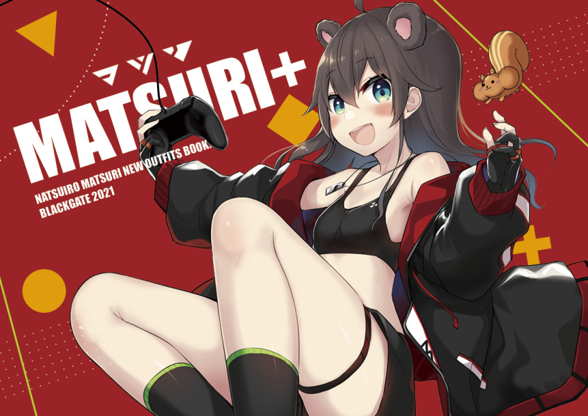 1girl ahoge blue_eyes breasts commentary_request controller dog_tags game_controller gloves hololive jacket long_hair looking_at_viewer minamura_haruki natsuiro_matsuri open_mouth red_background simple_background small_breasts solo squirrel virtual_youtuber
