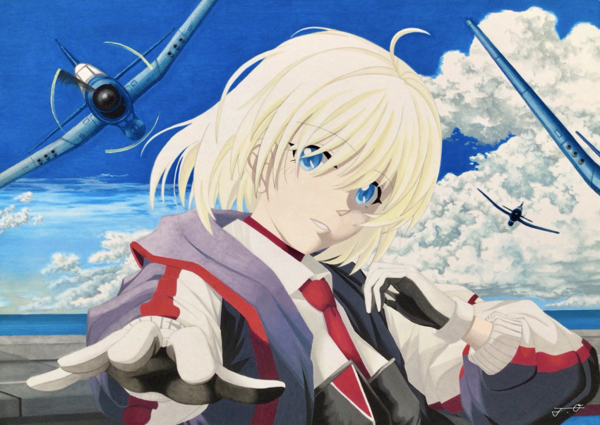 1girl aircraft azur_lane bataan_(azur_lane) blonde_hair blue_eyes blue_sky breasts clouds f4u_corsair gloves highres jacket looking_at_viewer maoze necktie open_clothes open_jacket purple_jacket red_necktie short_hair sky small_breasts solo traditional_media upper_body water white_gloves