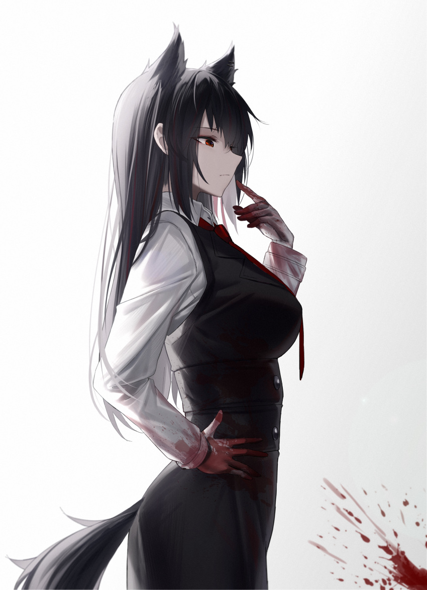 1girl absurdres alternate_costume animal_ears arknights bangs black_hair black_skirt black_vest blood blood_on_clothes blood_on_hands breasts closed_mouth collared_shirt corset eyebrows_visible_through_hair from_side hand_on_hip highres large_breasts long_hair long_sleeves multicolored_hair necktie profile red_eyes red_necktie shirt shokuyou_koori skirt solo streaked_hair tail tail_through_clothes texas_(arknights) two-tone_hair vest white_shirt wolf_ears wolf_girl wolf_tail