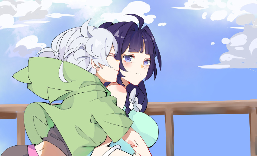 2girls absurdres bangs bare_shoulders blue_shirt blue_sky closed_eyes closed_mouth clouds cloudy_sky double_bun green_jacket highres honkai_(series) honkai_impact_3rd jacket kiana_kaslana kiana_kaslana_(knight_moonbeam) kiss kissing_cheek multiple_girls outdoors ponytail purple_hair qyzhiaiyisheng raiden_mei raiden_mei_(lightning_empress) shirt sky smile violet_eyes white_hair yuri