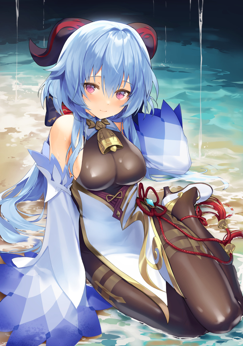 1girl absurdres bangs bell black_legwear blue_hair blush breasts chinese_clothes closed_mouth cowbell curled_horns detached_sleeves eyebrows_visible_through_hair ganyu_(genshin_impact) genshin_impact goat_horns gold_trim hand_up high_heels highres horns large_breasts long_hair neck_bell on_ground pantyhose pelvic_curtain rope_belt sand sitting solo sutwo_0w0 very_long_hair violet_eyes vision_(genshin_impact) water wet yokozuwari