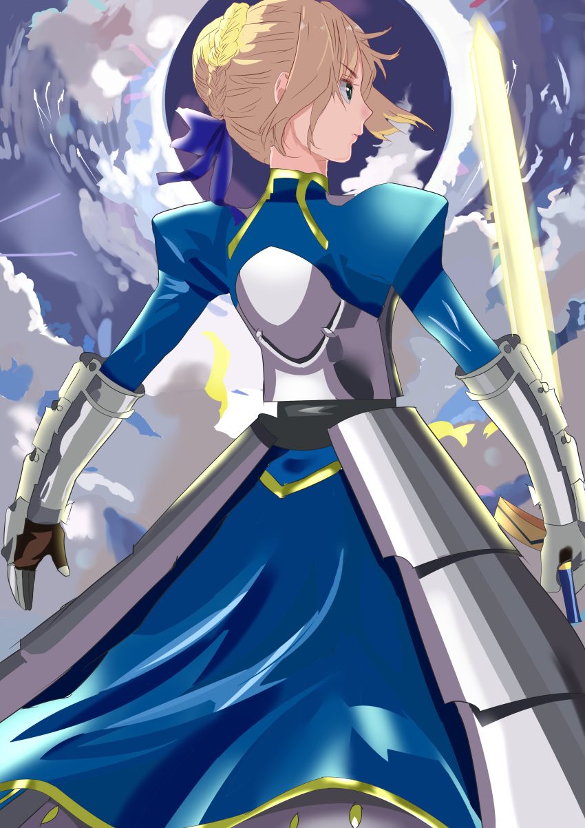 1girl ahoge artoria_pendragon_(all) blonde_hair blue_ribbon breasts cleavage_cutout clothing_cutout escargotcircle excalibur_(fate/stay_night) fate/grand_order fate/stay_night fate_(series) green_eyes hair_bun hair_ribbon holding holding_weapon juliet_sleeves long_sleeves medium_breasts puffy_sleeves ribbon saber solo sword weapon