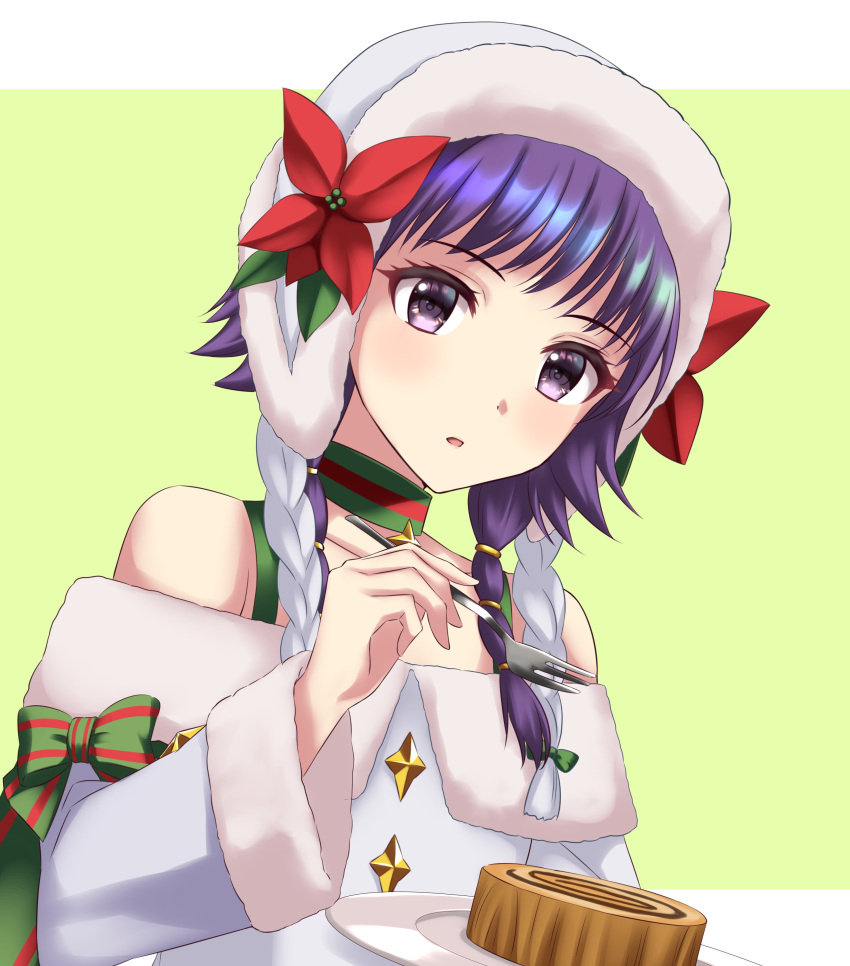 1girl absurdres bangs bare_shoulders cake choker christmas fire_emblem fire_emblem:_the_sacred_stones fire_emblem_heroes flower food fork fur_trim highres holding holding_fork holding_plate kakiko210 long_sleeves looking_at_viewer low_twintails lute_(fire_emblem) off_shoulder official_alternate_costume plate purple_hair red_flower ribbon solo twintails upper_body violet_eyes white_headwear wide_sleeves