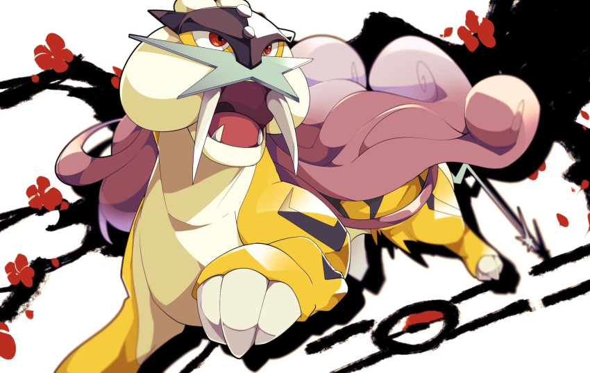 claws commentary_request fangs highres kura_(shironagasu02) looking_to_the_side no_humans open_mouth poke_ball_symbol pokemon pokemon_(creature) raikou red_eyes solo tongue tusks white_background