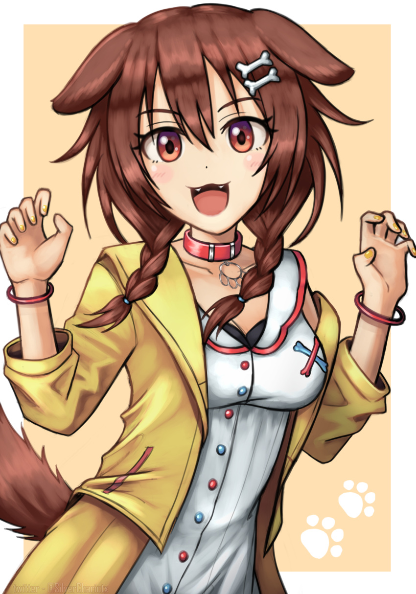 1girl :3 :d absurdres animal_ears blush bone_hair_ornament bracelet braid breasts brown_eyes brown_hair buttons claw_pose dog_ears dog_girl dog_tail dress fangs hair_ornament highres hololive inugami_korone jacket jewelry looking_at_viewer mixed-language_commentary silverchariotx smile solo tail twin_braids upper_body virtual_youtuber white_dress yellow_jacket