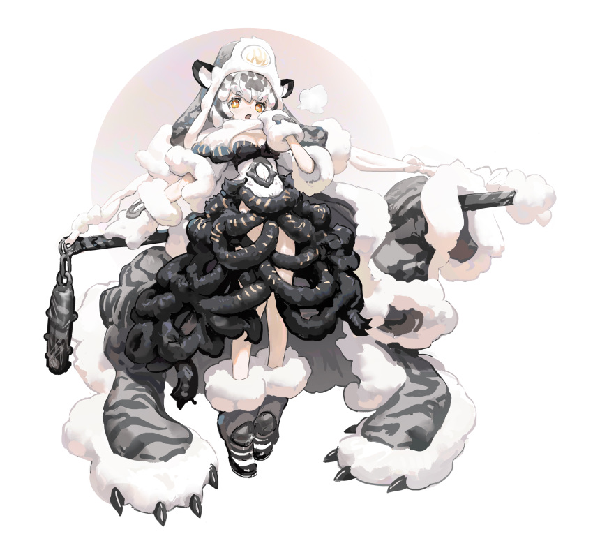 1girl 2022 absurdres agoto animal_ears breasts chinese_zodiac full_body gloves grey_hair hand_up highres looking_at_viewer medium_breasts multicolored_hair open_mouth original simple_background solo standing tiger_ears tiger_girl two-tone_hair white_background white_gloves white_hair year_of_the_tiger yellow_eyes