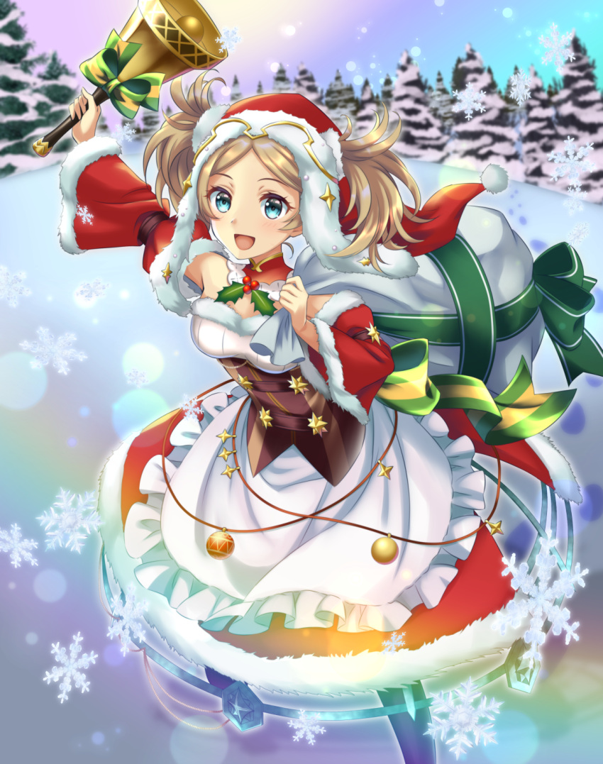 1girl :d bell blonde_hair blue_eyes christmas commission detached_sleeves dress fire_emblem fire_emblem_awakening fire_emblem_heroes fur_trim highres holding holding_bell holding_sack kakiko210 lissa_(fire_emblem) looking_at_viewer official_alternate_costume open_mouth rainbow_gradient red_headwear ribbon sack skeb_commission smile snow snowflakes twintails