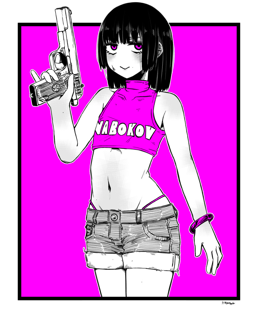 1girl absurdres ambiguous_gender belly black_hair crop_top gun handgun highres holding holding_weapon limited_palette navel original pink_eyes pinky_out pistol short_shorts shorts taida weapon weapon_request