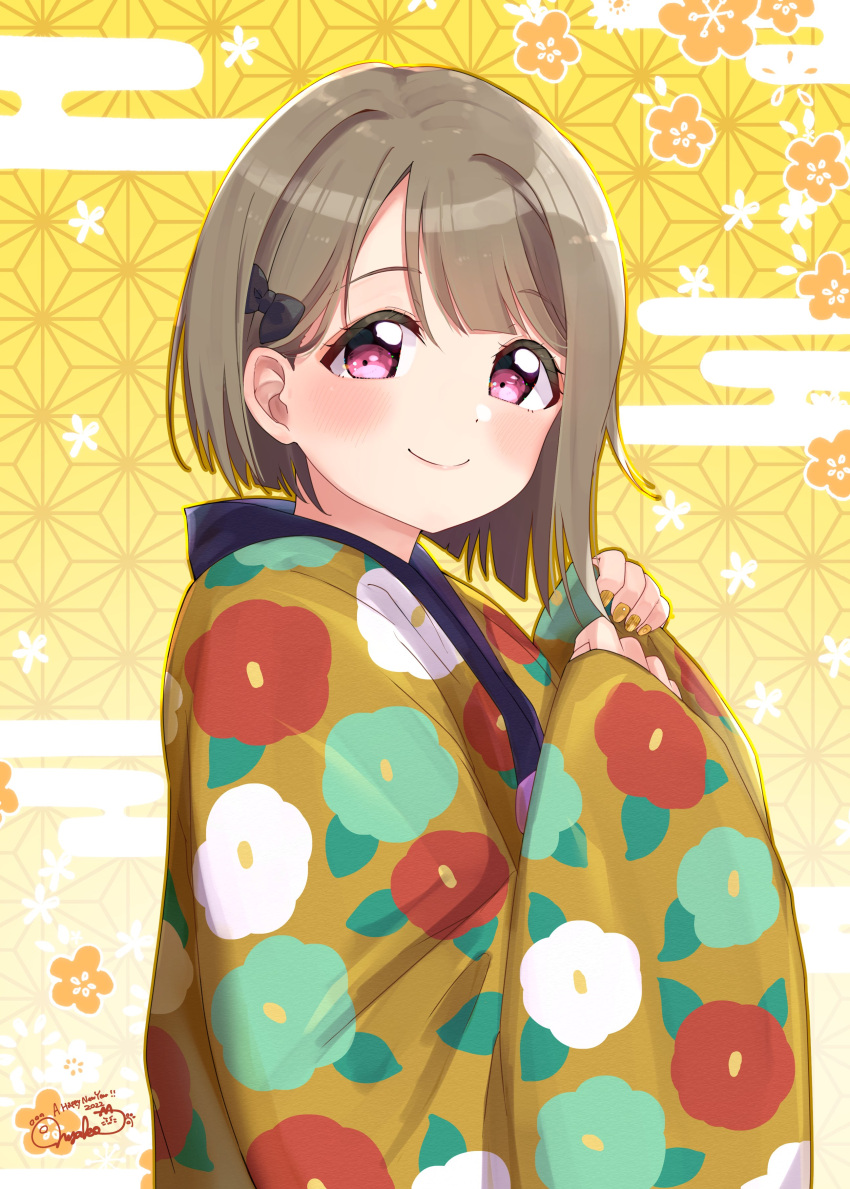 1girl absurdres bangs black_bow bob_cut bow brown_hair closed_mouth commentary egasumi english_commentary floral_print hair_bow hands_up highres japanese_clothes kimono looking_at_viewer love_live! love_live!_nijigasaki_high_school_idol_club nakasu_kasumi new_year nyako_(utaneko31) patterned_background pink_eyes short_hair signature sleeves_past_wrists smile solo upper_body yellow_background yellow_kimono