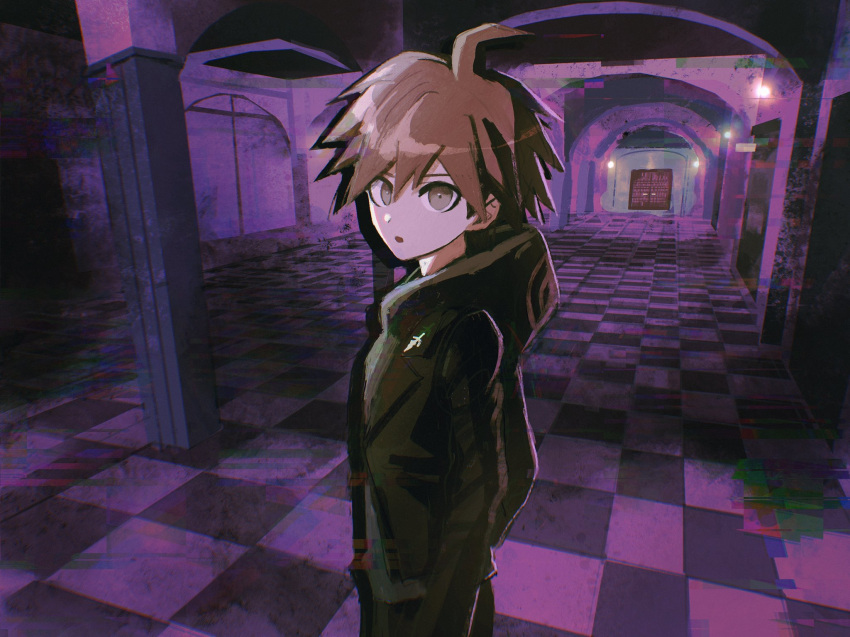 1boy :o ahoge bangs brown_hair brown_hoodie brown_jacket checkered_floor commentary_request danganronpa:_trigger_happy_havoc danganronpa_(series) from_side hair_between_eyes highres hood hood_down hoodie indoors jacket naegi_makoto open_mouth pants pillar short_hair solo visket53