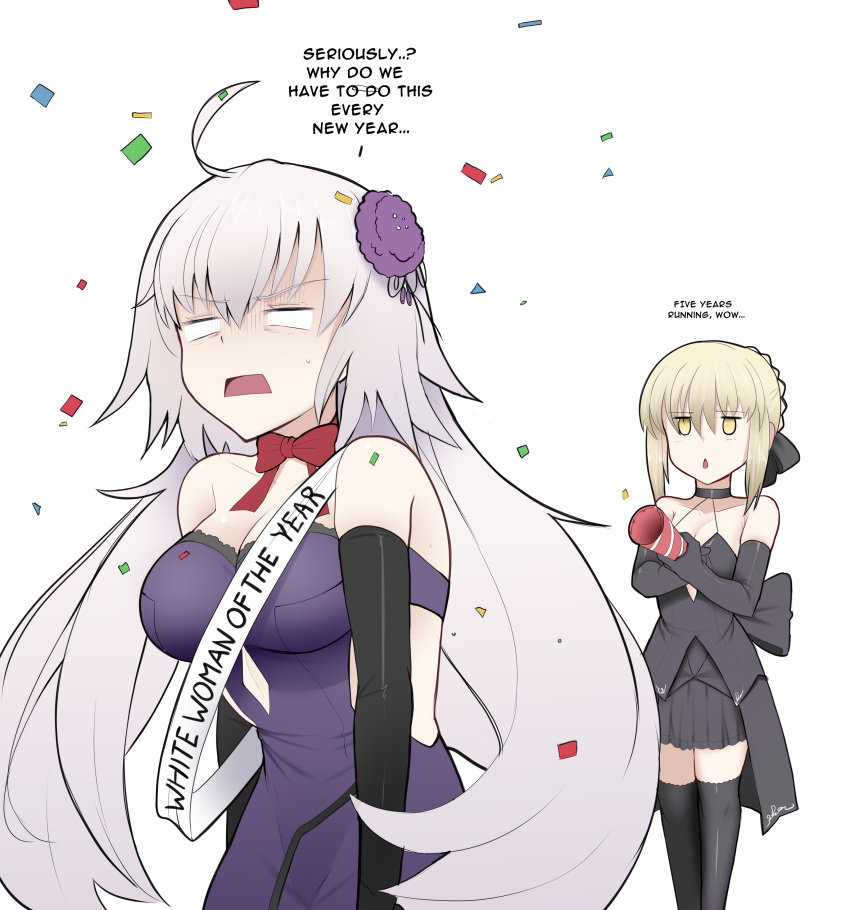 2girls :&lt; absurdres ahoge artoria_pendragon_(fate) black_ribbon breasts celebration confetti dress english_commentary english_text fate/grand_order fate_(series) highres jeanne_d'arc_(alter)_(fate) jeanne_d'arc_(fate) large_breasts long_hair multiple_girls neck_ribbon open_mouth party_popper purple_dress ribbon saber_alter sally_(luna-arts) yellow_eyes