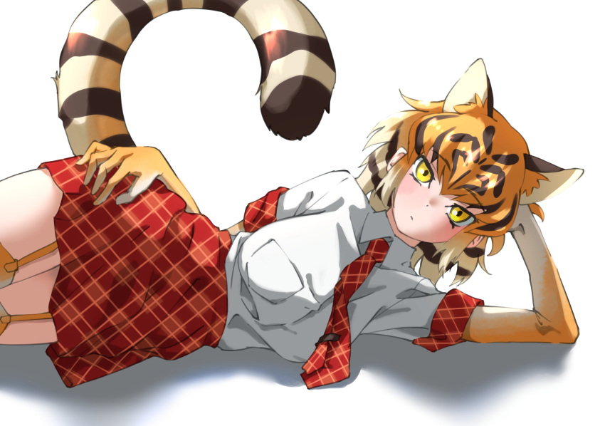1girl animal_ear_fluff animal_ears bangs black_hair closed_mouth commentary elbow_gloves elbow_rest extra_ears eyebrows_visible_through_hair garter_straps gloves hand_on_hip highres kemono_friends looking_at_viewer lying medium_hair multicolored_hair necktie on_side orange_hair plaid plaid_necktie plaid_skirt plaid_trim red_necktie red_skirt shirt short_sleeves simple_background skirt solo striped_tail tail tanabe_(fueisei) thigh-highs tiger_(kemono_friends) tiger_ears tiger_girl tiger_tail unmoving_pattern white_background white_hair white_shirt yellow_eyes