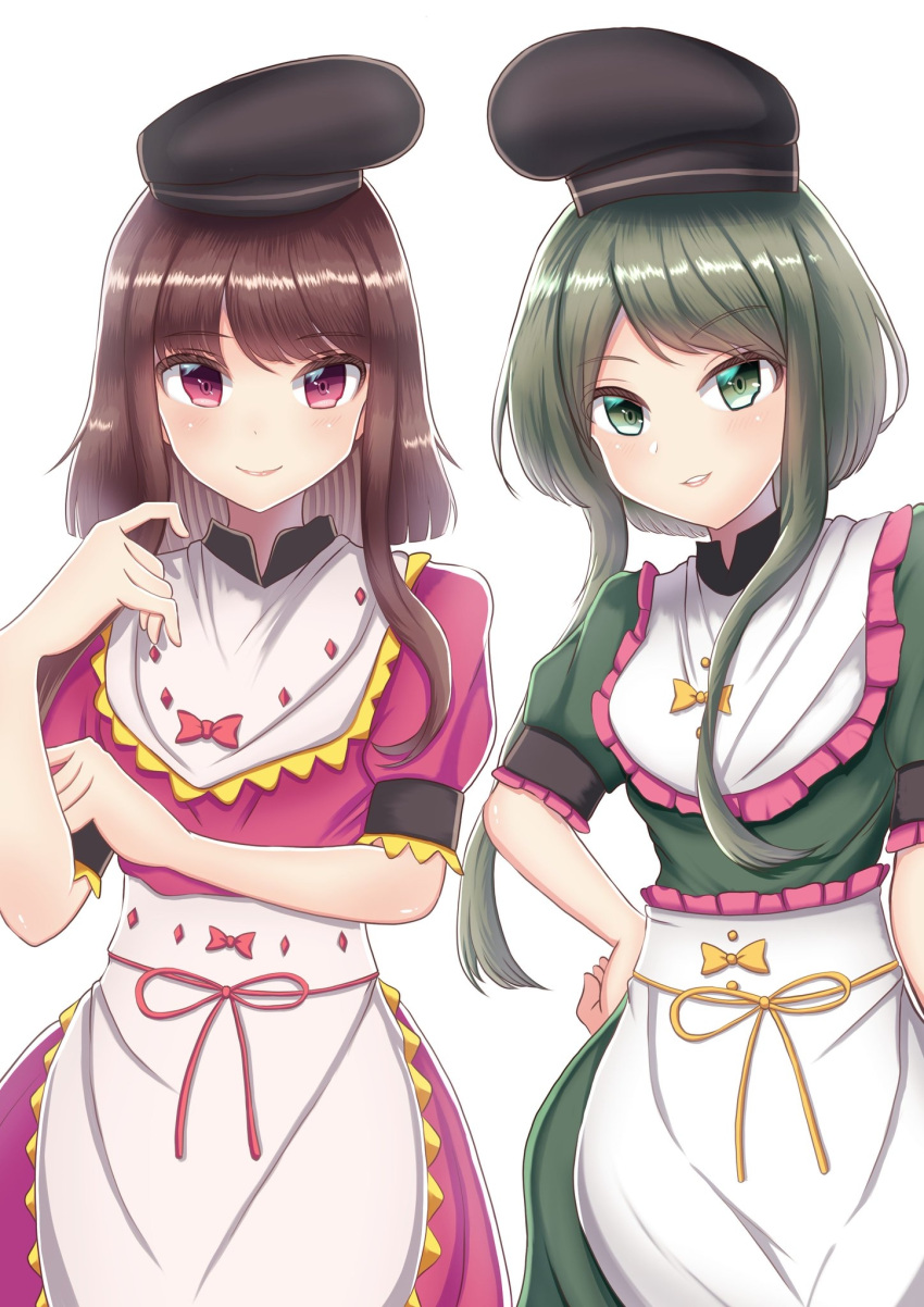 2girls apron bangs black_headwear blush bow breasts brown_hair buttons closed_mouth dress eyebrows_visible_through_hair green_dress green_eyes green_hair hand_on_hip hands_up hat highres looking_at_viewer medium_breasts miton_iguana multiple_girls nishida_satono pink_bow pink_dress pink_eyes puffy_short_sleeves puffy_sleeves short_hair short_hair_with_long_locks short_sleeves simple_background smile standing teeth teireida_mai touhou white_apron white_background yellow_bow
