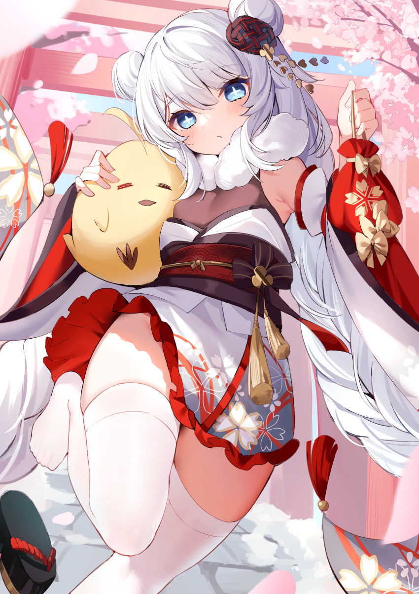 +_+ 1girl absurdres azur_lane bag bangs blue_eyes commentary detached_sleeves double_bun english_commentary eyebrows_visible_through_hair floral_print hair_between_eyes hair_ornament highres holding holding_bag japanese_clothes kimono le_malin_(azur_lane) long_hair long_sleeves looking_at_viewer manjuu_(azur_lane) nahaki no_shoes obi sandals sandals_removed sash shirt solo standing standing_on_one_leg thigh-highs twintails very_long_hair white_kimono white_legwear white_shirt wide_sleeves