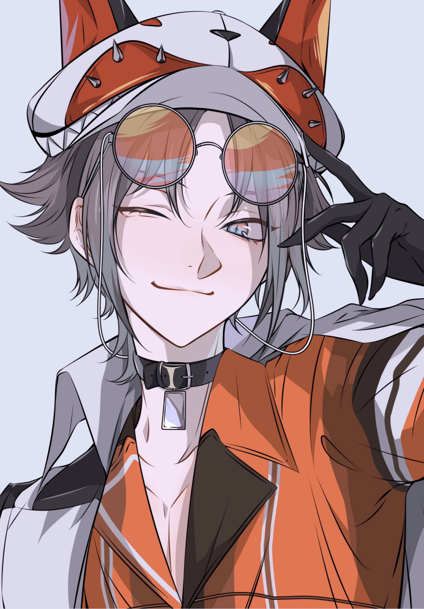 1boy animal_ears bishounen choker dog_tags fox_boy fox_ears gene glasses gloves grey_hair hand_up hat highres luxiem male_focus mysta_rias nijisanji nijisanji_en one_eye_closed orange_shirt shirt short_hair smile solo tinted_eyewear