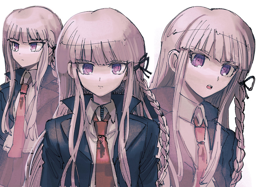 1girl bangs black_jacket black_ribbon braid brown_necktie closed_mouth collared_shirt danganronpa:_trigger_happy_havoc danganronpa_(series) hair_ribbon highres jacket kirigiri_kyouko long_hair looking_at_viewer necktie open_clothes open_jacket open_mouth ribbon shirt simple_background teeth upper_body upper_teeth violet_eyes visket53 white_background