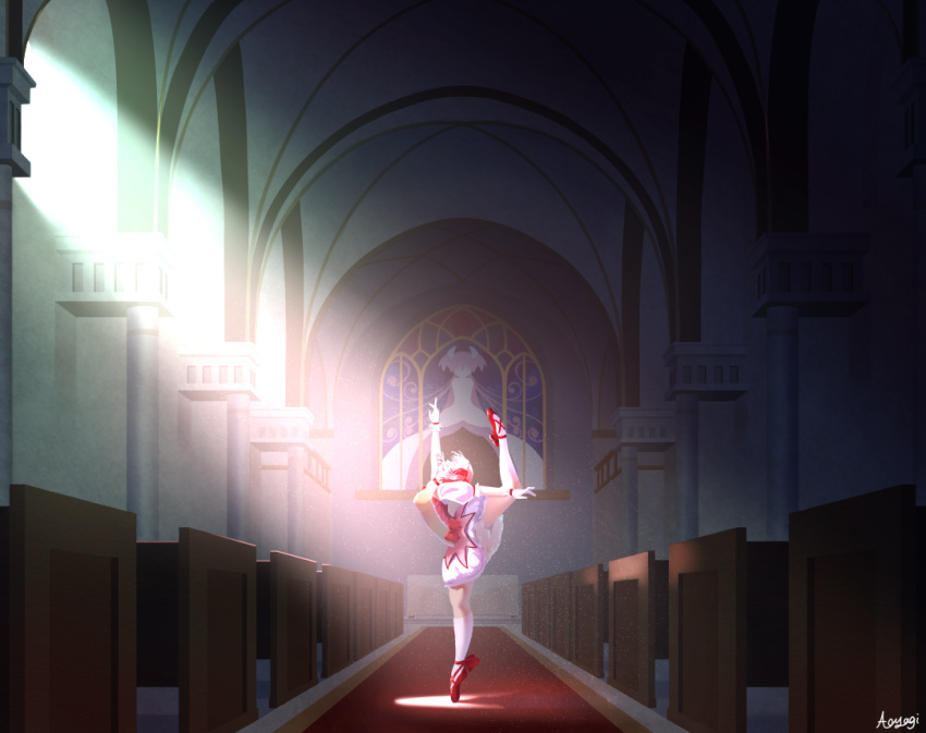 1girl ankle_ribbon arm_up ballet ballet_slippers bench bow breasts carpet choker church church_interior column cross-laced_footwear curly_hair dancing darkness dress faceless faceless_female gloves goddess_madoka hair_ribbon indoors kaname_madoka kneehighs leg_up light light_particles long_dress long_hair mahou_shoujo_madoka_magica outstretched_arm pillar pink_bow pink_hair profile red_choker red_footwear red_ribbon ribbon shadow sidelighting skirt small_breasts solo spotlight stained_glass standing standing_on_one_leg sunlight tiptoes user_udne8433 very_long_hair waist_bow white_dress white_gloves white_legwear white_skirt window