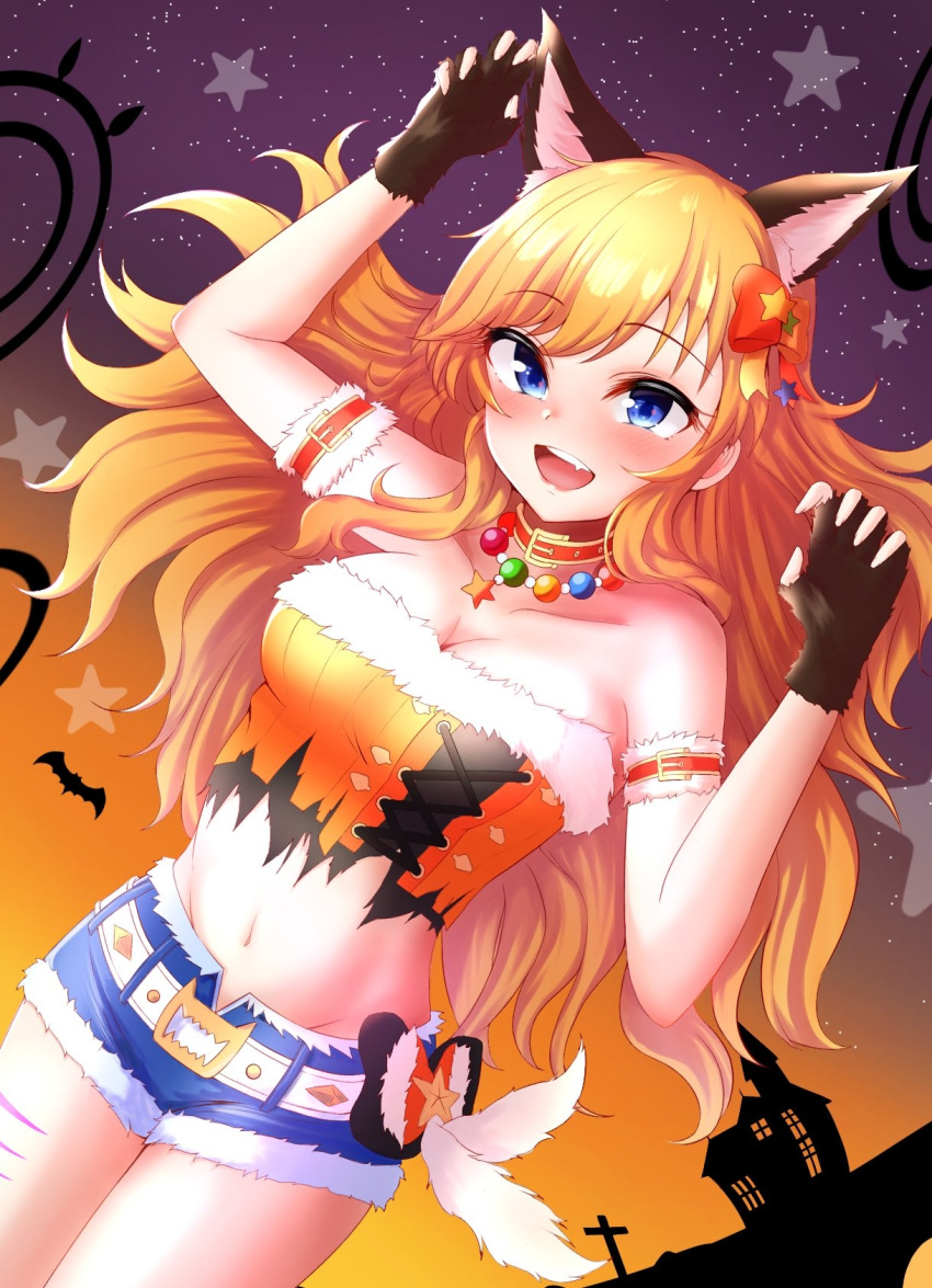 1girl arms_up ban_(puka_0507) bangs bead_necklace beads blonde_hair blue_eyes blue_shorts blush bow breasts brown_background brown_gloves collar collarbone commentary_request eyebrows_visible_through_hair fang fingerless_gloves fur-trimmed_shorts fur_trim gloves hair_bow halloween halloween_costume highres idolmaster idolmaster_cinderella_girls jewelry long_hair looking_at_viewer navel necklace official_alternate_costume ohtsuki_yui open_clothes open_mouth open_shorts orange_bow purple_background shiny_hiar shorts smile solo star_(sky) star_(symbol) stomach strapless tongue tube_top