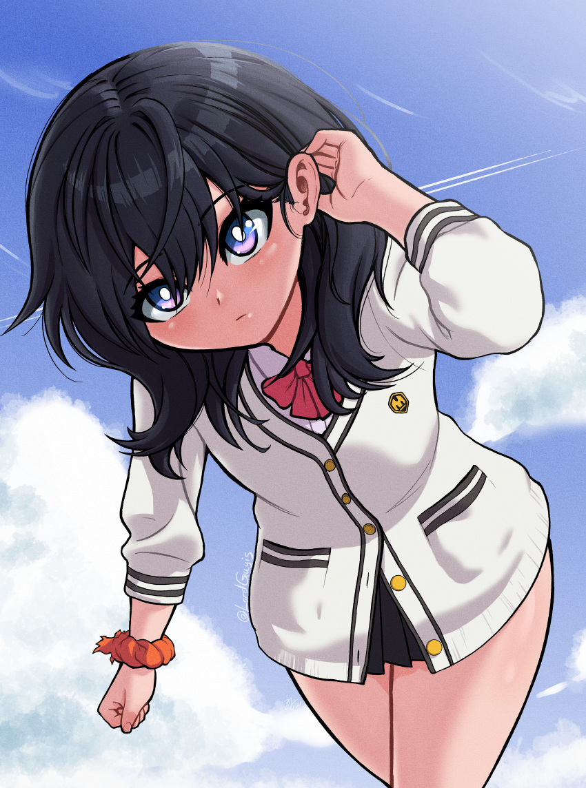 1girl black_hair black_skirt blue_eyes bow cardigan closed_mouth gridman_universe long_hair looking_at_viewer lordguyis pleated_skirt red_bow school_uniform scrunchie shirt skirt solo ssss.gridman super_robot_wars super_robot_wars_30 takarada_rikka white_cardigan white_shirt