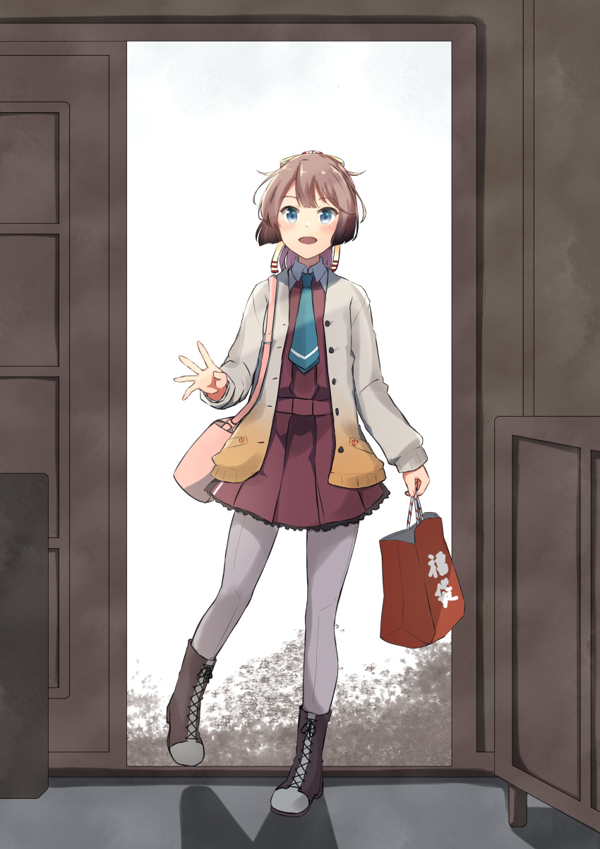 1girl absurdres aqua_necktie bag blue_eyes blush boots brown_hair cross-laced_footwear eyebrows_visible_through_hair full_body grey_legwear hair_between_eyes highres holding holding_bag jacket kantai_collection kazagumo_(kancolle) kure_jirou lace-up_boots long_hair long_sleeves necktie open_clothes open_jacket open_mouth pantyhose ponytail purple_skirt purple_vest skirt smile solo vest