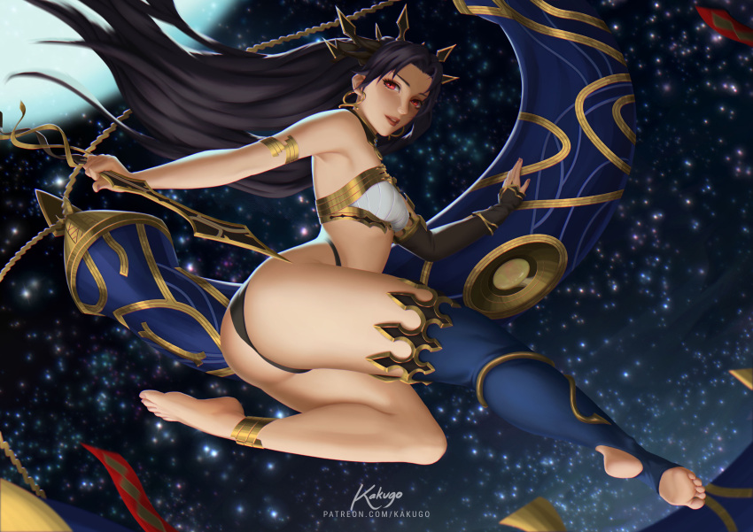 1girl absurdres anklet armband artist_name ass black_hair blue_legwear breasts detached_sleeves earrings fate/grand_order fate_(series) highres hoop_earrings ishtar_(fate) jewelry kakugo legs looking_at_viewer medium_breasts parted_lips red_eyes red_lips single_detached_sleeve single_thighhigh sky solo star_(sky) starry_sky thigh-highs toe-point toeless_legwear web_address