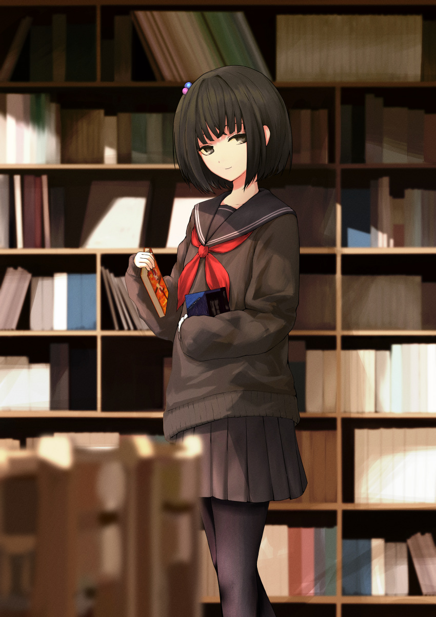 1girl absurdres amemori_sayo black_hair black_legwear black_serafuku black_skirt blurry blurry_foreground book bookshelf chair closed_mouth collarbone film_grain grey_eyes hair_ornament highres holding holding_book indoors kushinaka light_rays nijisanji pantyhose red_neckwear school_uniform serafuku short_hair skirt sleeves_past_wrists smile solo standing table