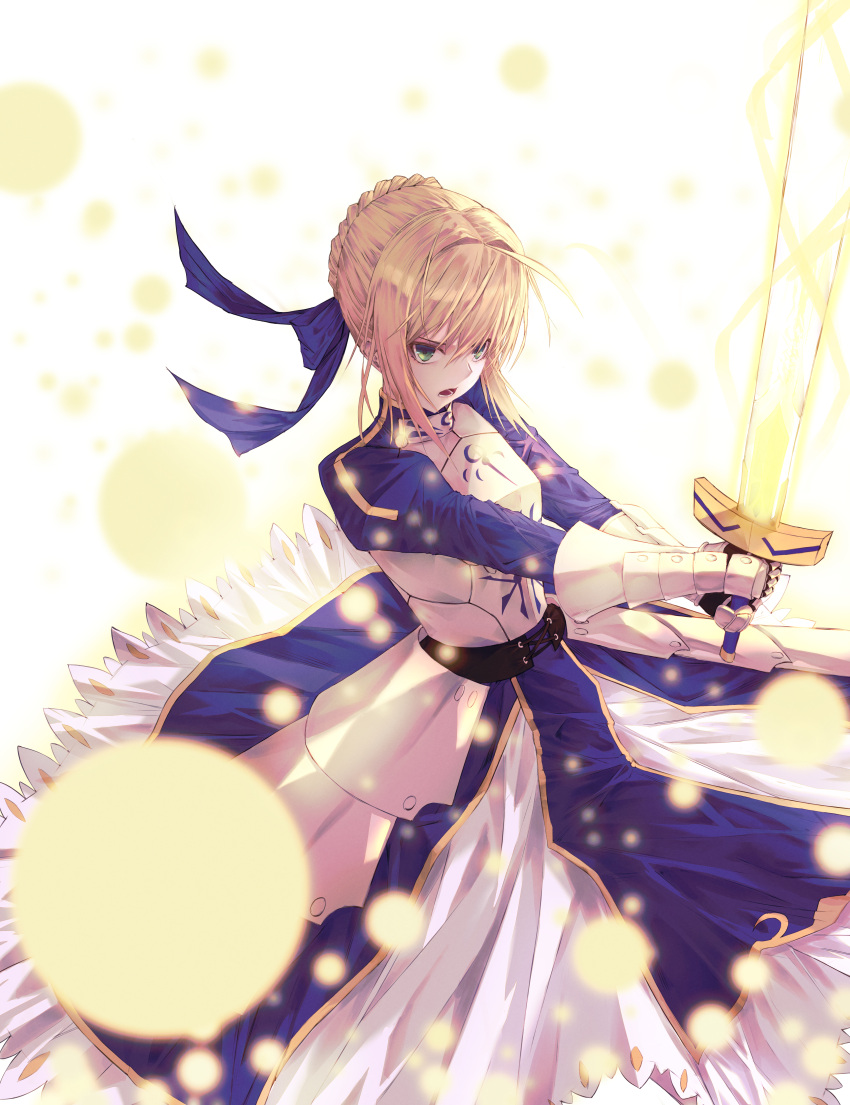 1girl ahoge artoria_pendragon_(all) blonde_hair blue_ribbon breasts cleavage_cutout clothing_cutout excalibur_(fate/stay_night) fate/grand_order fate/stay_night fate_(series) green_eyes hair_bun hair_ribbon holding holding_weapon juliet_sleeves long_sleeves medium_breasts puffy_sleeves ribbon saber solo sword tgb0223 weapon