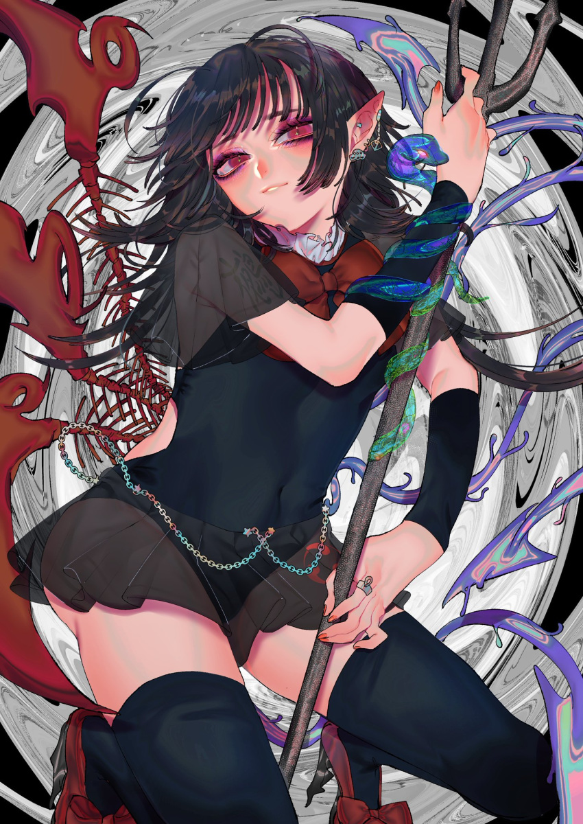 1girl asymmetrical_wings bangs black_armband black_dress black_hair black_legwear blue_wings bow bowtie dress ear_piercing earrings footwear_bow frilled_dress frills high_heels highres houjuu_nue jewelry looking_to_the_side mary_janes piercing pointy_ears polearm red_bow red_bowtie red_eyes red_footwear red_wings ring shoes short_dress short_sleeves sidelocks snake solo thigh-highs touhou trident weapon wings yamazaki_tsukune
