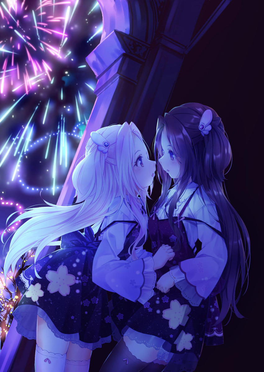 2girls 54hao aerial_fireworks bangs bare_tree black_hair black_legwear blue_dress blush dress eye_contact fireworks floral_print highres long_hair long_sleeves looking_at_another multiple_girls night night_sky original outdoors parted_bangs parted_lips print_dress profile purple_dress shirt siblings sisters sky sleeveless sleeveless_dress thigh-highs tree twins two_side_up very_long_hair white_hair white_legwear white_shirt wide_sleeves wing_hair_ornament