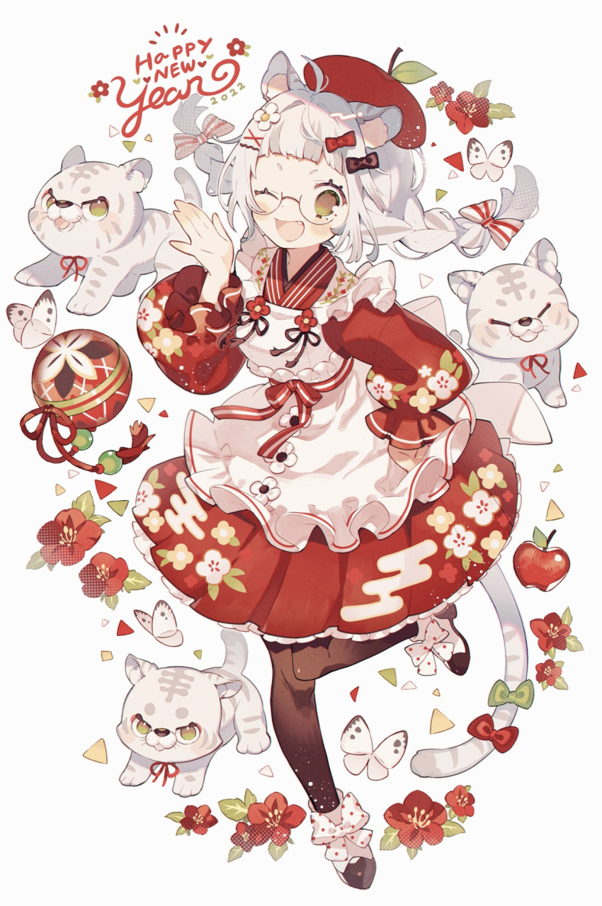 1girl animal_ears apple bell black_legwear bow braid brown_eyes bug butterfly chinese_zodiac floral_print flower food food-themed_clothes fruit full_body glasses hair_bow hair_ornament hairclip hand_on_hip happy_new_year highres long_sleeves new_year one_eye_closed original red_bow red_flower red_headwear red_skirt skirt standing standing_on_one_leg striped striped_bow tail tail_bow tail_ornament twin_braids wakanagi_eku white_background white_butterfly year_of_the_tiger