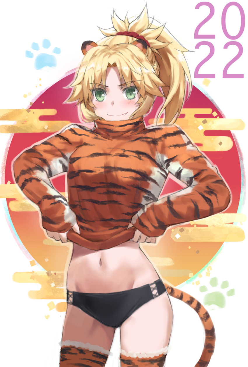 1girl bangs blonde_hair blush braid breasts fate/apocrypha fate_(series) french_braid green_eyes highres long_hair long_sleeves looking_at_viewer mordred_(fate) mordred_(fate/apocrypha) navel parted_bangs ponytail sidelocks small_breasts smile solo thigh-highs thighs tonee