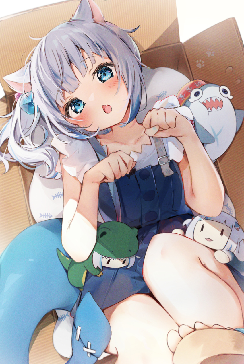 1girl animal_ears bangs blue_dress blue_eyes blush box cat_ears collarbone dress eyebrows_visible_through_hair fang fish_tail gawr_gura grey_hair highres hololive hololive_english in_box in_container looking_at_viewer lying paw_pose paw_print seboneko shark_tail short_dress sleeveless solo tail toes virtual_youtuber