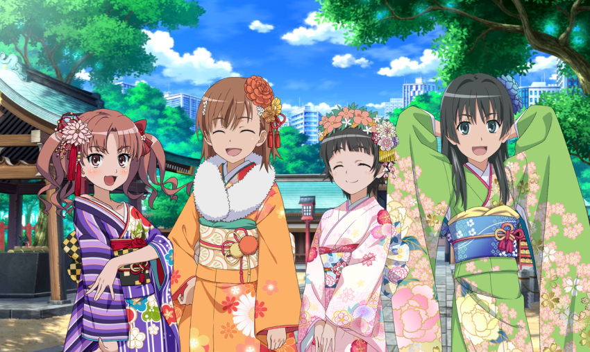 4girls academy_city arms_behind_head bangs black_hair blue_eyes blue_sky blunt_bangs blush bow brown_eyes brown_hair closed_eyes clouds collarbone day eyebrows_visible_through_hair floral_print flower fur-trimmed_kimono fur_trim game_cg green_kimono hair_bow hair_flower hair_intakes hair_ornament hand_on_hip hatsumoude head_wreath japanese_clothes kanzashi kimono layered_clothing layered_kimono long_hair looking_at_viewer misaka_mikoto multiple_girls new_year obi obijime off_shoulder official_art open_mouth orange_kimono outdoors parted_bangs pink_kimono print_kimono purple_kimono red_bow sash saten_ruiko shirai_kuroko short_hair shrine sky smile striped striped_kimono toaru_kagaku_no_railgun toaru_majutsu_no_index tree twintails uiharu_kazari v_arms wavy_hair wide_sleeves