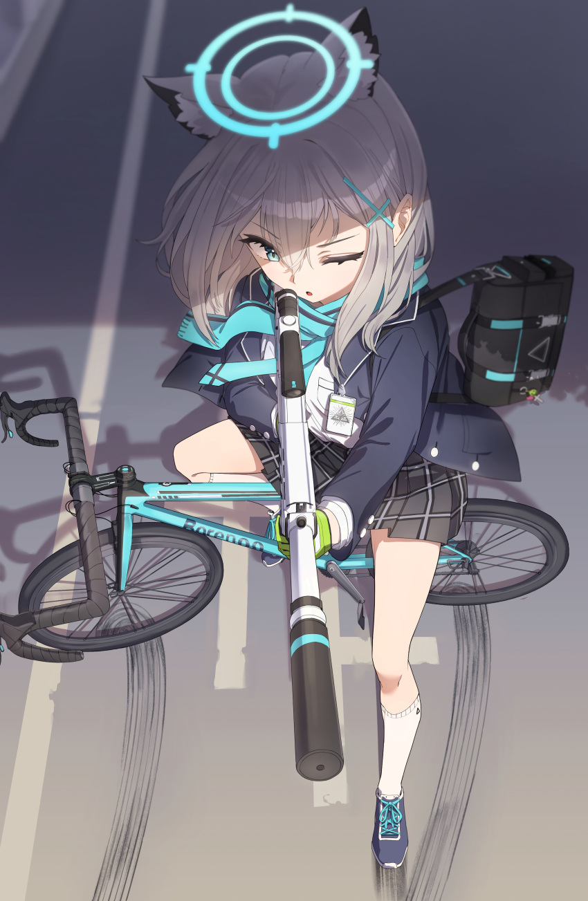 1girl absurdres aiming animal_ear_fluff animal_ears applepie_(12711019) bag bangs bicycle black_skirt blue_archive blue_eyes blue_jacket blue_necktie breast_pocket cat_ears cross_hair_ornament full_body gloves green_gloves greyscale ground_vehicle gun hair_between_eyes hair_ornament halo highres holding holding_gun holding_weapon id_card jacket long_hair long_sleeves monochrome necktie one_eye_closed open_clothes open_jacket parted_lips pleated_skirt pocket scarf school_bag shade shadow shiroko_(blue_archive) shirt shoes sidelocks skid_mark skirt sneakers socks solo v-shaped_eyebrows weapon white_legwear white_shirt