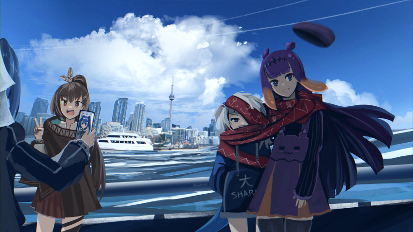4girls :d anchor_symbol anonamos artist_name beret blue_eyes blue_hair blue_sky brown_eyes brown_hair building cellphone cellphone_picture city clothes_writing clouds cloudy_sky commentary day feather_hair_ornament feathers gawr_gura hair_ornament hands_in_pockets hat hat_removed head_chain headwear_removed highres hololive long_sleeves looking_at_viewer multiple_girls nanashi_mumei ninomae_ina'nis ouro_kronii phone ponytail purple_hair scarf scenery selfie selfie_prank shared_scarf sky smile taking_picture tako_(ninomae_ina'nis) tentacle_hair v violet_eyes virtual_youtuber water white_hair wind wind_lift