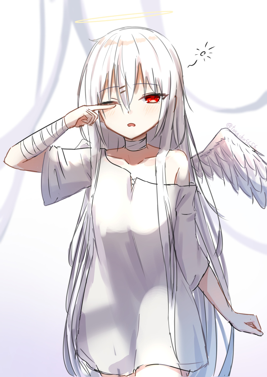 1girl absurdres albino angel angel_wings bandages collarbone commentary dress eyebrows_visible_through_hair hair_between_eyes halo highres long_hair open_mouth original red_eyes rubbing_eyes sleepy solo tearing_up tokano_56 white_dress white_hair wings yawning