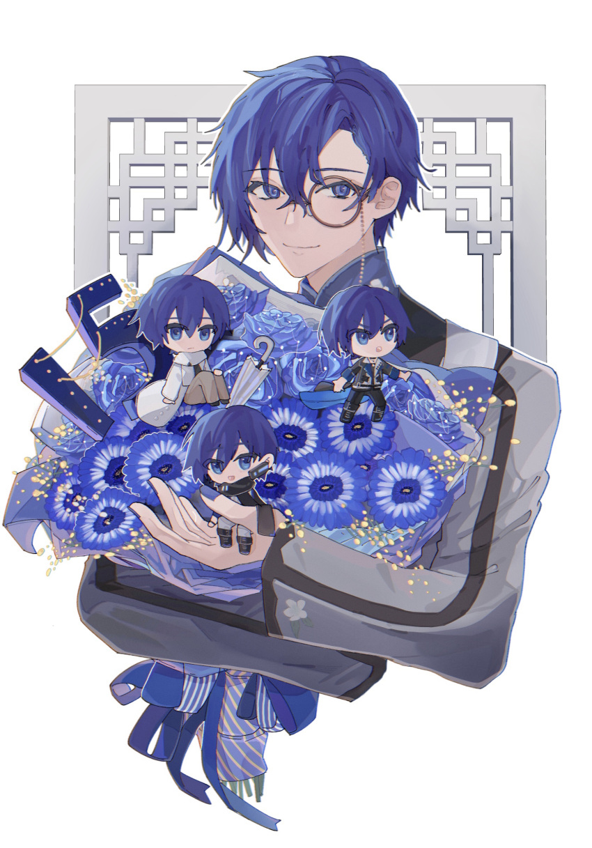 alternate_costume alternate_hairstyle anniversary architecture blue_eyes blue_flower blue_hair bouquet chibi east_asian_architecture flower highres holding holding_flower kaito_(vocaloid) linch male_focus monocle ribbon scarf smile vocaloid