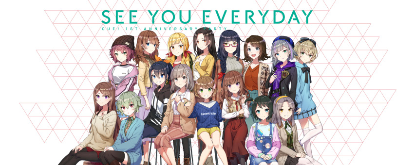 6+girls :d absurdres ahoge akagawa_chisa blonde_hair blue_eyes bow brown_hair casual cue! eniwa_airi everyone eyebrows_visible_through_hair glasses green_eyes green_hair grey_hair hair_bow hair_ornament hairband highres hinakura_riko kamuro_aya kano_shiho kujo_yuzuha light_brown_hair long_hair looking_at_viewer maruyama_rie miyaji_mahoro multiple_girls mutsuishi_haruna myojin_rinne open_mouth redhead short_hair shorts skirt smile takatori_maika tendo_yuuki toomi_mei tsukii_honoka utsugi_satori x_hair_ornament yomine_miharu