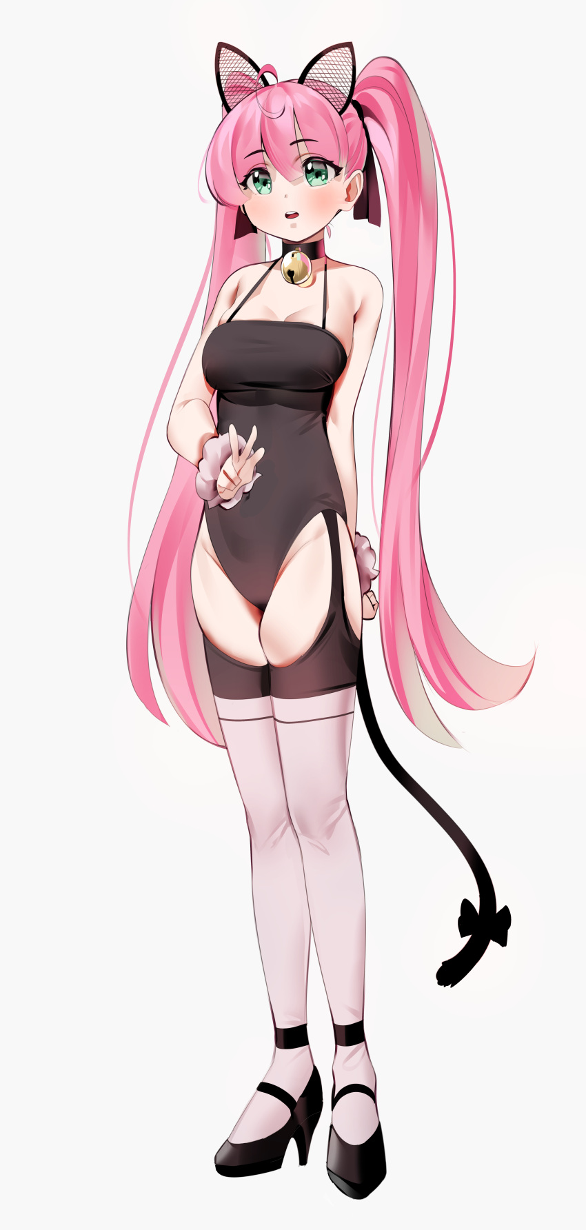 1girl absurdres ahoge animal_ears arm_behind_back bangs bare_shoulders bell black_bow black_footwear black_leotard black_ribbon bow breasts cat_ears cat_tail commentary eyebrows_visible_through_hair full_body garter_straps gdd_(vkejr702) green_eyes grey_legwear hair_ribbon high_heels highres jingle_bell leotard long_hair looking_at_viewer medium_breasts neck_bell open_mouth original pink_hair ribbon scrunchie simple_background solo standing tail tail_bow tail_ornament teeth thigh-highs twintails upper_teeth very_long_hair w wrist_scrunchie