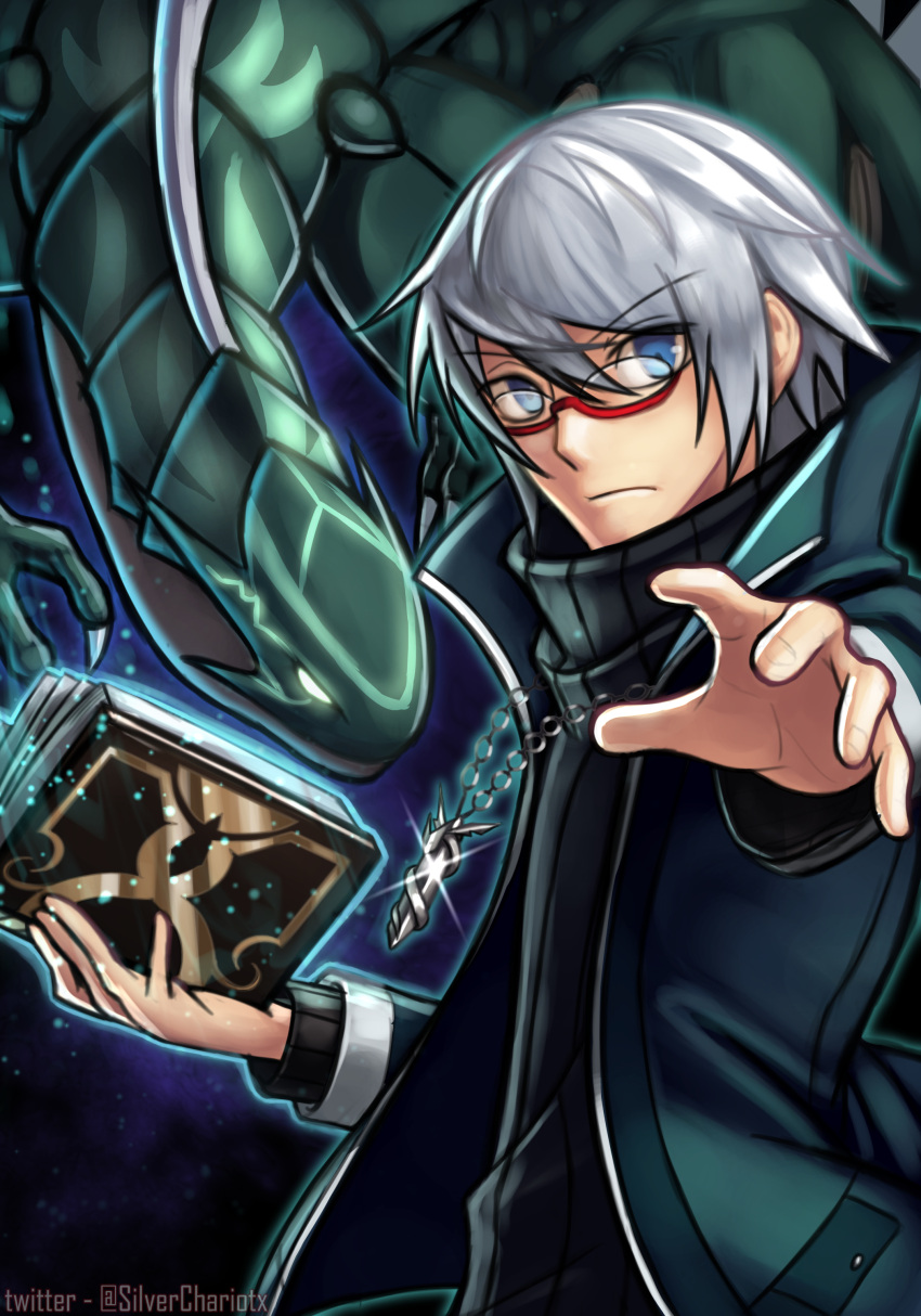 1boy absurdres amulet blue_eyes book chaos_(under_night_in-birth) closed_mouth dragon glasses grey_hair highres holding holding_book long_sleeves looking_at_viewer male_focus mixed-language_commentary open_hand red-framed_eyewear rimless_eyewear semi-rimless_eyewear serious silverchariotx solo sweater turtleneck turtleneck_sweater under-rim_eyewear under_night_in-birth v-shaped_eyebrows