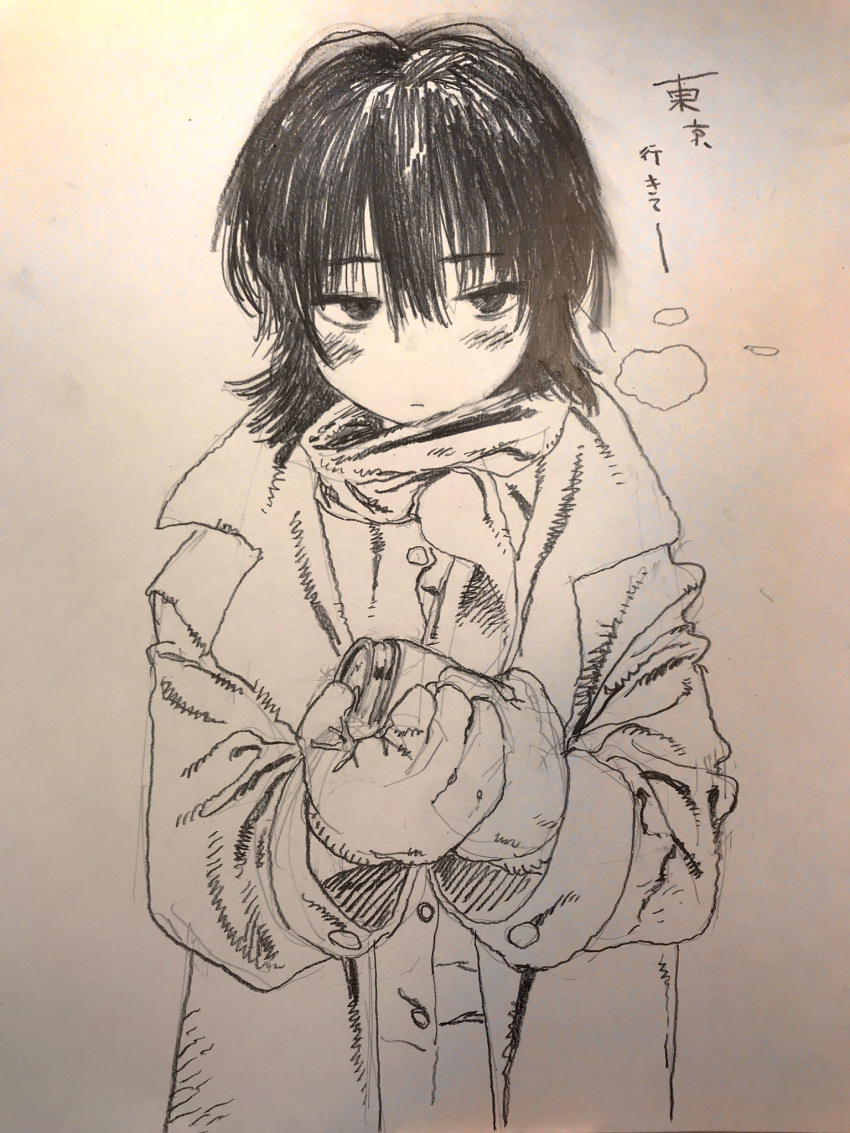 1girl breath buttons can closed_mouth coat commentary_request crosshatching eyebrows_visible_through_hair gloves greyscale hands_up hatching_(texture) highres holding holding_can jacket linear_hatching long_sleeves looking_at_viewer monochrome open_clothes open_coat original photo_(medium) scarf sketch solo traditional_media translation_request uchida_akira_(taaiseee1121) upper_body