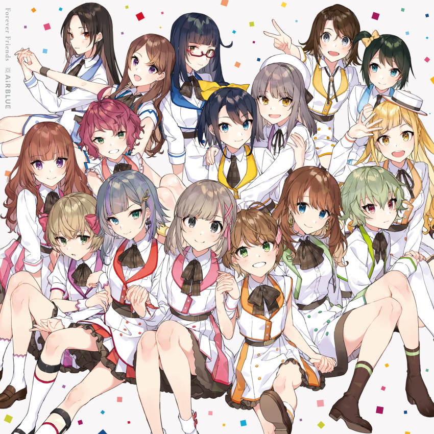 6+girls :d absurdres ahoge akagawa_chisa album_cover black_hair blonde_hair blue_bow blue_eyes bow braid breasts brown_hair clothes_lift cover cue! eniwa_airi everyone eyebrows_visible_through_hair glasses green_eyes green_hair grey_hair hair_bow hair_ornament hat high_heels highres hinakura_riko kamuro_aya kano_shiho kujo_yuzuha long_hair looking_at_viewer maruyama_rie miyaji_mahoro multicolored_hair multiple_girls mutsuishi_haruna myojin_rinne open_mouth redhead short_hair sitting skirt skirt_lift smile takatori_maika tendo_yuuki toomi_mei tsukii_honoka uniform utsugi_satori v yellow_bow yomine_miharu