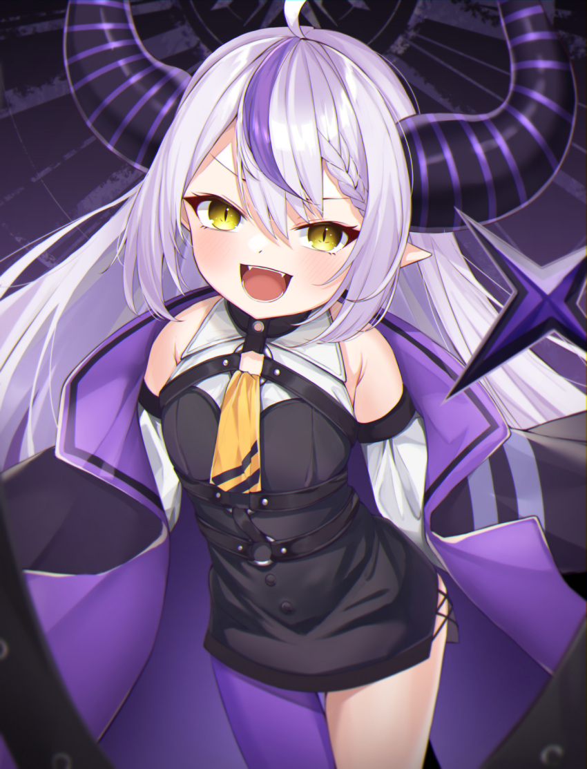 1girl :d ahoge ascot bangs black_dress black_jacket blush braid commentary_request demon_horns dress hair_between_eyes highres hololive horns horo_27 jacket la+_darknesss long_hair long_sleeves looking_at_viewer off_shoulder open_clothes open_jacket pointy_ears purple_hair purple_legwear silver_hair single_leg_pantyhose smile solo thigh-highs virtual_youtuber yellow_ascot yellow_eyes
