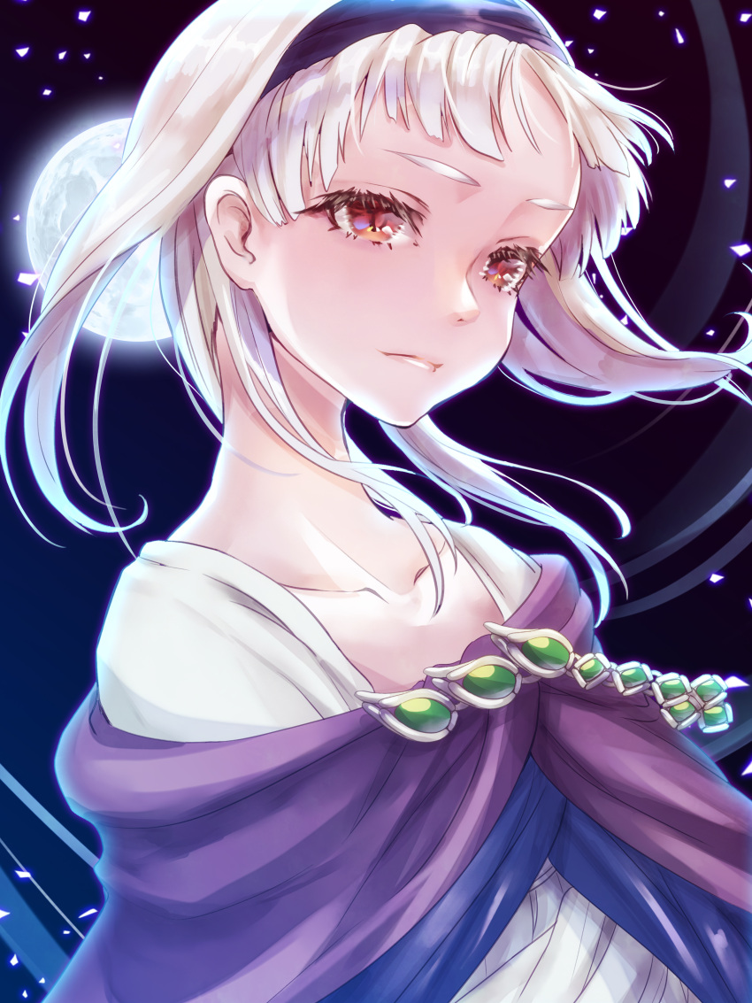 1girl absurdres cape closed_mouth collarbone dress gensou_suikoden gensou_suikoden_ii gensou_suikogaiden hairband highres jewelry long_hair moon nina_(maurururoa) red_eyes sierra_mikain silver_hair solo suikoden_ii