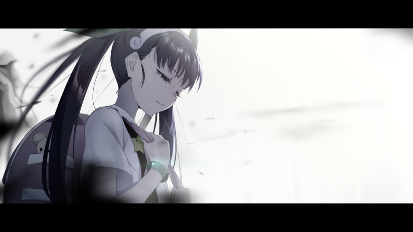 1girl backpack bag bakemonogatari bangs black_hair blunt_bangs blurry blurry_background blurry_foreground bow bracelet close-up collared_shirt crying expressionless eyelashes facing_viewer gesugesu_ahoaho glint green_bow greyscale hachikuji_mayoi hair_bow hair_strand hairband half-closed_eyes hands_up head_down jewelry letterboxed long_eyelashes long_hair looking_down monochrome monogatari_(series) motion_blur muted_color parted_lips sad school_uniform shade shiny shiny_hair shirt short_sleeves sidelighting solo straight_hair suspenders tears twintails upper_body white_shirt